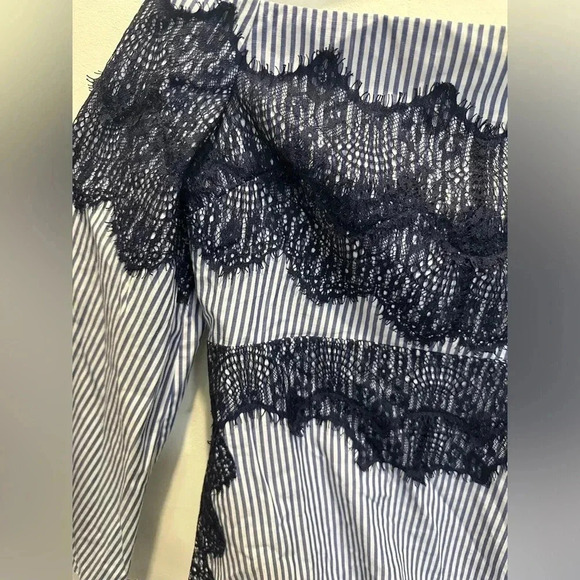Tanya Taylor Pinstriped Off the Shoulder Lace Isadora Poplin Top - Picture 6 of 12